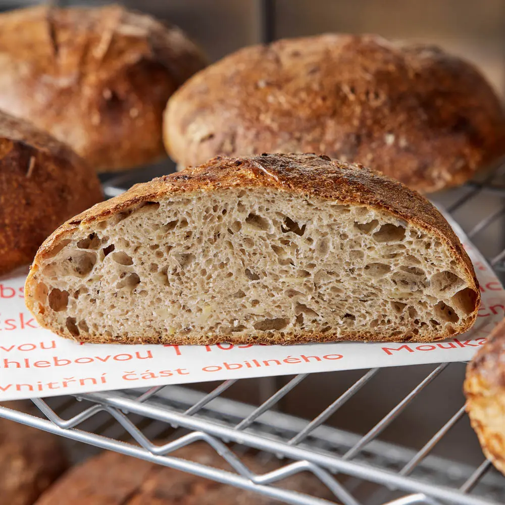Close-up of crumb texture of artisanal sourdough bread from Eska bakery.
